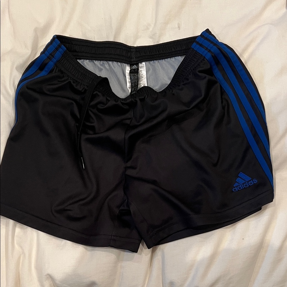 Adidas Black Shorts with Blue Stripes